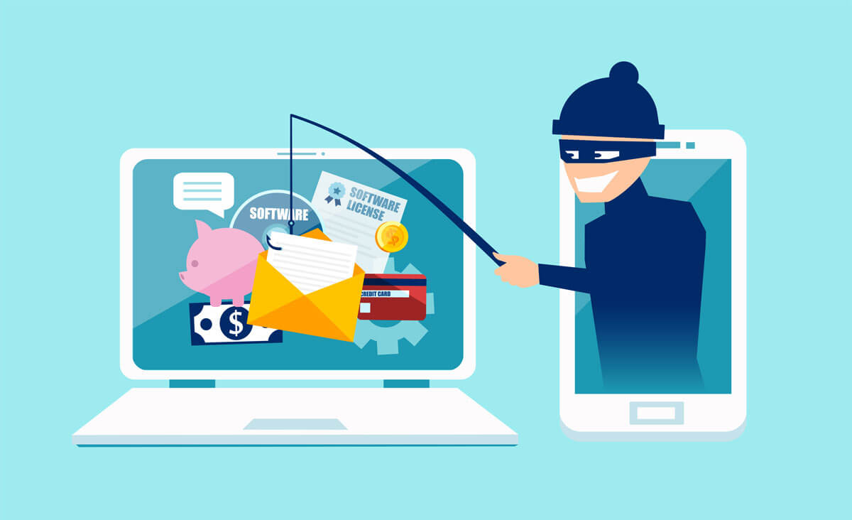 Illustration eines Hackers, der Phishing-Methoden verwendet, um sensible Informationen zu stehlen.